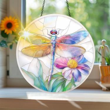 Imagem de Acrílico colorido Suncatcher, apanhador de sol estilo vitral impresso libélula com reflexos de arco-íris, decoração de janela suspensa, decoração de parede, ornamentos de Natal para uso interno e