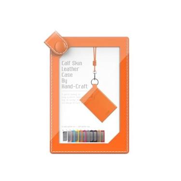 Imagem de SLG Lucen Porta-cartões de identificação de couro de bezerro feito à mão – Carteira fina para cartão com alça removível, dois bolsos traseiros para cartão, design colorido elegante para escritório e