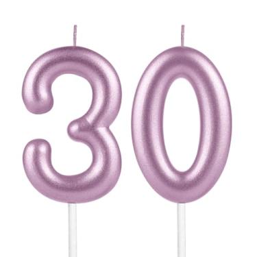 Imagem de Velas de aniversário rosa metálico 30, velas de aniversário rosa metálico número 30 para decoração de topo de bolo, mulheres, homens, casamentos, comemorações, artigos de festa feliz