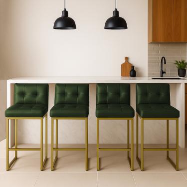 Imagem de Banqueta Cozinha Alta com Encosto Industrial Kit 4 Dourado Lirina PU Verde C05 - D'Rossi