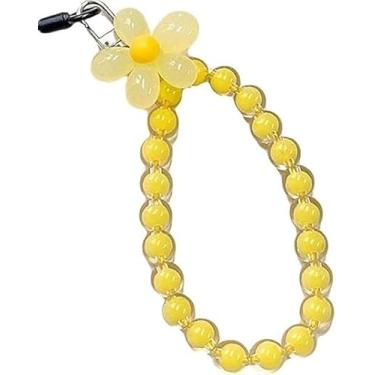 Imagem de Pulseira amarela de flores com contas para celular, chaveiro criativo para pendurar, cordão para celular, flor com contas, capa de telefone antiperdida, alça de pulso, acessórios de berloques para