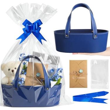 Imagem de Wonderjune Cesta vazia de couro de Natal com sacos de presente, fitas, cartões comemorativos, grande, pequena, vazia, com alça para presente de Ação de Graças, casamento, chá de panela, aniversário