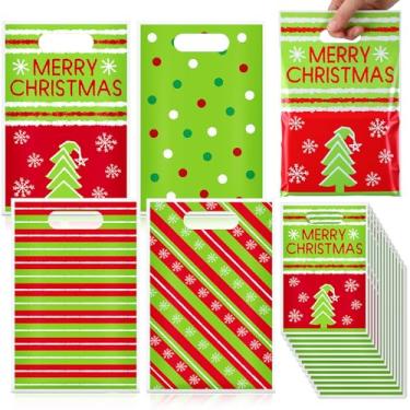 Imagem de Abbylike 120 peças de sacolas de presentes de Natal, lembrancinhas, presentes de plástico, doces e lanches, impressão dupla face com alça para decoração de festa temática vermelha e verde, 4 estilos