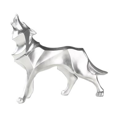 Imagem de IDORTYBB Estátua geométrica abstrata de lobo escultura arte de resina estatueta animal decorações de casa para sala de estar prateleiras de livros bar armário mesa mesa centro de mesa ornamento (prata