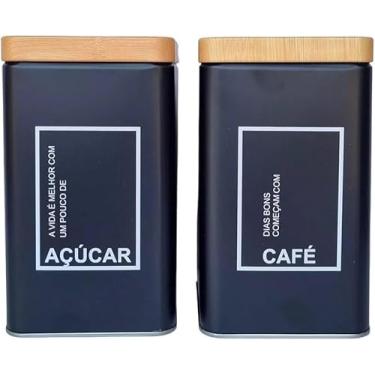 Imagem de Kit de Potes para Café e Açúcar Mantimento Preto Fosco com Tampa de bambu 15cm Organizadores de Cozinha Modernos Quadrada Premium