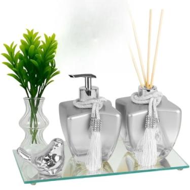 Imagem de Kit Lavabo Banheiro Vidro Estrela 280ml Luxo Completo com Bandeja London e Difusor(Degrade Prata Pássarinho)