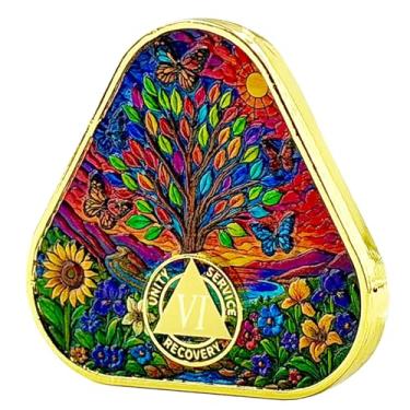 Imagem de Medalhão AA Árvore da Vida Serenidade Oração Sobriedade Moeda com Borboletas Unity Service Recovery Triângulo Chip Presentes Inspiradores para Marcos de Recuperação (Árvore vibrante triangular, 6 anos