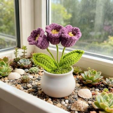 Imagem de Flores de crochê, lindas flores em vaso, acessórios de mesa de flores falsas, decoração de mesa, decoração de escritório em casa (roxo LL)
