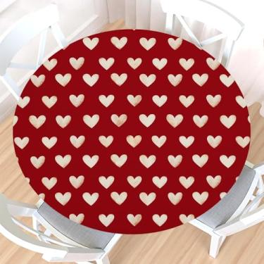 Imagem de Toalha de mesa redonda de dia dos namorados com borda elástica, resistente à água, limpável, vermelha, branca, em forma de coração, toalha de mesa elástica de 101,6 a 112 cm para jantares internos e