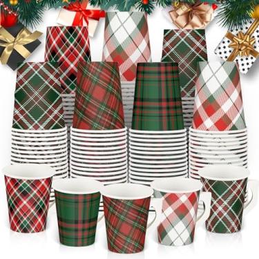 Imagem de 50 peças de copos de papel descartáveis de Natal de 255 g com alças Xícara xadrez de café vermelho verde para bebidas quentes e frias, chá, bebidas, café expresso, chocolate, cacau, feriado, festa