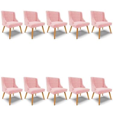 Imagem de Kit 10 Cadeiras Estofadas Para Sala De Jantar Pés Palito Lia Suede Rosa Bebê - Ibiza