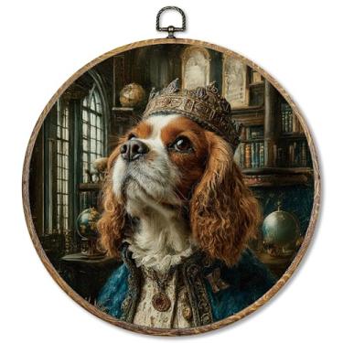 Imagem de Sufamb Cavalier King Charles Spaniel Decoração de parede redonda estilo renascentista, presentes para amantes de mães de cães, arte em tela emoldurada, decorações para pendurar na parede de cachorro