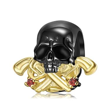 Imagem de AIEGNOS Berloques de caveira para pulseira prata esterlina 925 contas de caveira de ouro preto berloque de esqueleto para pulseira de cobra europeia para mãe filha irmã presentes de aniversário de Natal, Prata esterlina, Zircônia cúbica