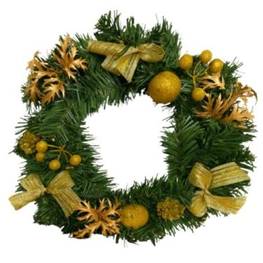 Imagem de Guirlanda Natalina 30Cm De Natal Decorativa Para Porta Com Flores Vermelhas Douradas Decoração(Dourada)
