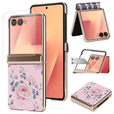 Imagem de AJDJTEN Capa para Samsung Galaxy Z Flip 7, protetor de tela integrado, protetor de dobradiça, capa de telefone de couro à prova de choque para mulheres e meninas rosa