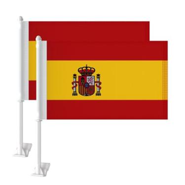 Imagem de 2 peças 28 x 43 cm bandeira espanhola de carro bandeiras de carro para exterior, bandeira de carro da Espanha com mastro multiuso portátil e aterrado, decorações patrióticas