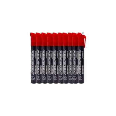 Imagem de Marcador Permanente Vermelho, 10 Unidades, Ponta Resistente, Secagem Rápida, Corpo Ergonômico, 13,5 cm, Plástico, 170g