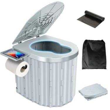 Imagem de Clirass Sanita de acampamento portátil para adultos, vaso sanitário alto dobrável portátil de 38 cm com tampa e suporte de papel, penico compacto para trailer, caminhão, acampamento, caminhada (cinza)