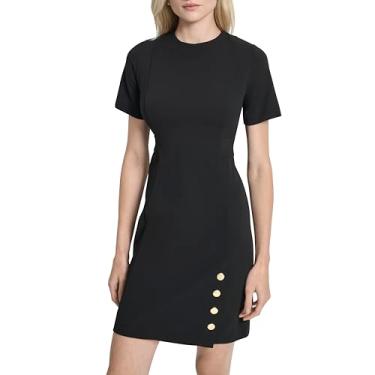 Imagem de DKNY Minivestido feminino de manga curta com detalhe frontal de crepe e decote em joia, Preto, 40