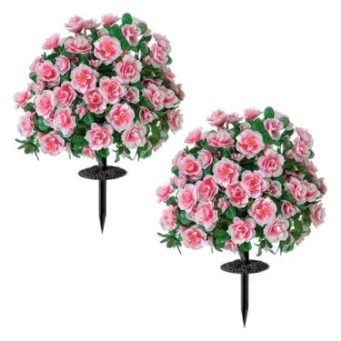 Imagem de Pacote com 2 árvores de bola de buxo artificial com ponta de solo para ambientes externos, 48 cm de arbustos falsos realistas com flores, arbustos artificiais resistentes a UV para decoração de jardim