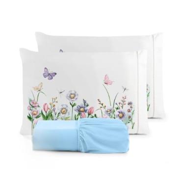 Imagem de Kit Jogo de Lençol Micropercal 400 Fios Ponto Palito Fronha Estampada(Borboleta - Lençol Azul Claro,Casal Queen 03 Peças)