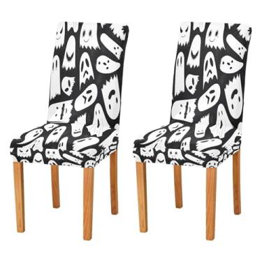 Imagem de Qilmy Conjunto de 4 capas de cadeira de jantar elásticas fofas de Halloween Boo, laváveis e removíveis, para sala de jantar, cozinha, hotel, banquete, festa, protetores de cadeira