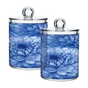 Imagem de JUZIHAI Recipiente de plástico transparente para boticário de crisântemos azuis com tampa, organizador de banheiro, recipientes de armazenamento de maquiagem para bola de algodão, cotonete, fio dental