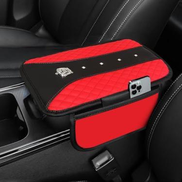 Imagem de NBTEPEM Capa de apoio de braço para console central de carro Bling Crown, almofada de couro com 2 sacos de armazenamento, caixa de armazenamento de braço de carro, acessórios internos para a maioria