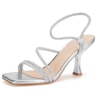 Imagem de Viciously Vixen Sandálias femininas de salto gatinho com tiras quadradas, bico aberto, festa, casamento, tira no tornozelo, Strass prata, 36
