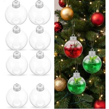 Imagem de Baluue 10 bolas de bebida de Natal, enfeites de vidro transparente preenchíveis de 250 ml, garrafa de água redonda com pingente de bebida de Natal, garrafas com tampas para decoração de festa de