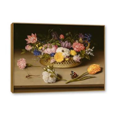 Imagem de NHLDZYH Moldura de madeira de teca. Flores clássicas natureza morta pintura em tela retro buquê de flores pinturas estilo country decoração de parede para cozinha e sala de estar. A22. 70 x 90 cm