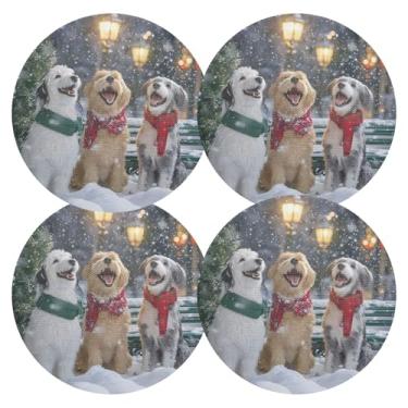 Imagem de Jogo americano de mesa de cozinha alegre para cães de Natal conjunto de 4 jogos americanos circulares de PVC 38 cm tapetes de mesa de cozinha antiderrapantes para festa de Natal