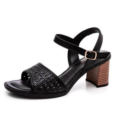 Imagem de Sandalia Mississipi Salto Bloco Tira Trancada Textura, 36, Preto