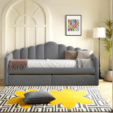 Imagem de Sofá-cama estofada tamanho solteiro elegante com duas gavetas de armazenamento, sofá-cama de veludo com portas de carregamento USB, sem necessidade de mola box, resistente a arranhões, economia de