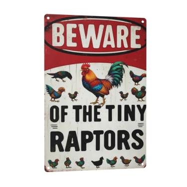Imagem de URVIP Beware of The Tiny Raptors Placa engraçada de galinheiro, placa de alumínio de galinha de dinossauro bem-humorado aviso de rebanho de fazenda decoração de metal 20 x 30 cm
