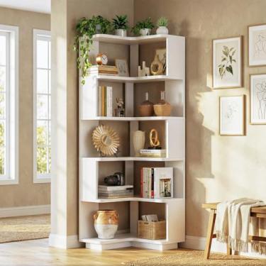 Imagem de Estante de canto de madeira com 5 níveis – Prateleiras de canto em forma de L de 165 cm de altura para economia de espaço, estante de madeira maciça com defletor para escritório em casa, sala de estar