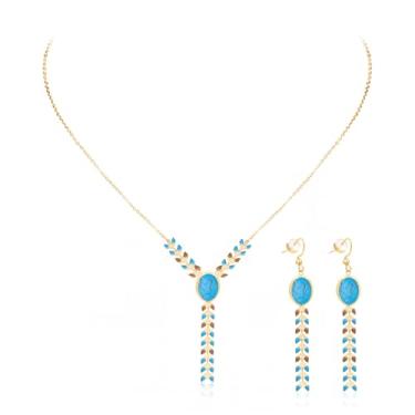 Imagem de Montana West Conjunto de joias Wrangler Western para mulheres, colar e brincos de cowgirl banhado a 14 K, Aço inoxidável, Turquesa