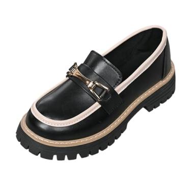 Imagem de Mocassins femininos modernos casuais de cor sólida bico redondo fosco sola grossa mocassins de salto médio, cabedal de poliuretano para uso externo interno casual confortável, Preto, 38