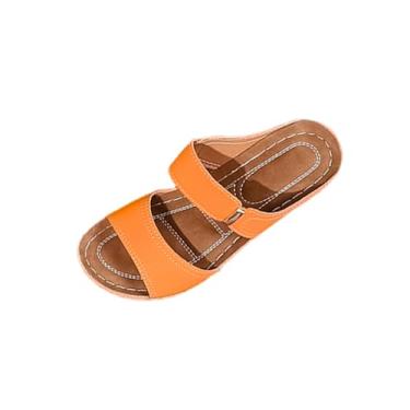 Imagem de Sandálias femininas de salto plataforma peep toe design aberto sem cadarço para praia primavera verão plus size PU material calçado, Laranja, 39