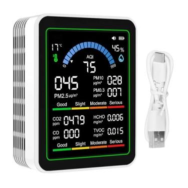 Imagem de Jectse Detector de Qualidade do Ar, Sensor de Alta Sensibilidade para CO2 TVOC HCHO PM2.5 PM10 Exibição de Dados Em Tempo Real Com Tela de Mudança de Cor, para Monitoramento da