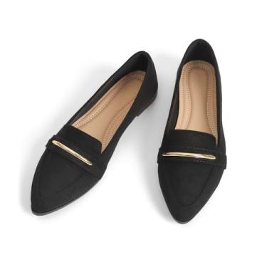 Imagem de qibusleen Mocassim de camurça confortável de couro sem cadarço para mulheres sapatos rasos casuais de trabalho feminino bico fino mocassins penny loafers escritório dirigir sapatilhas de balé, Camurça