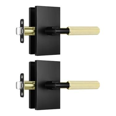 Imagem de Leydebong Pacote com 2 maçanetas serrilhadas para porta de passagem interna, maçaneta de porta para armário e corredor, alavanca reversível sem trava, preto fosco e latão acetinado
