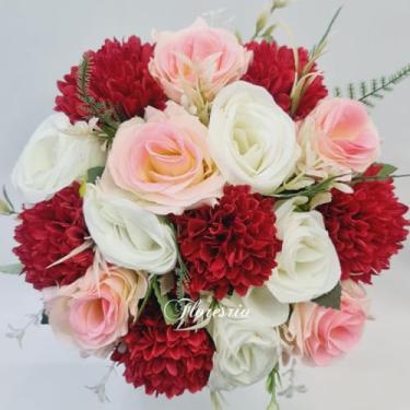 Imagem de Buquê de Noiva Artificial com Flores Coloridas para Casamento Civil ou Religioso(Vermelho/Branco/023Rosa claro)