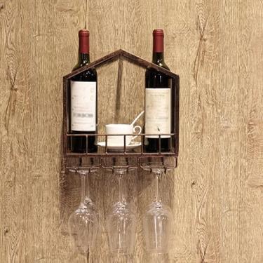 Imagem de Rack de vinho de parede de metal - Prateleira de exibição de garrafa de licor montada na parede com suporte de taça de vinho para bar doméstico, sala de estar ou restaurante - Prateleiras de cozinha