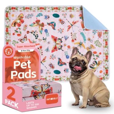 Imagem de INFISIBLE Almofadas laváveis para xixi para cães, pacote com 2, 101 x 66 cm, grandes, reutilizáveis, absorventes e impermeáveis, tapete rosa antiderrapante à prova de vazamento, para gaiola, canil e