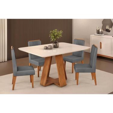 Imagem de Conjunto: Mesa de Cozinha Celeste c/ Tampo Madeirado c/ Vidro Curvo 120x90cm e 4 Cadeiras Lia Freijo/Off White - Suede Lunar - DJ Móveis