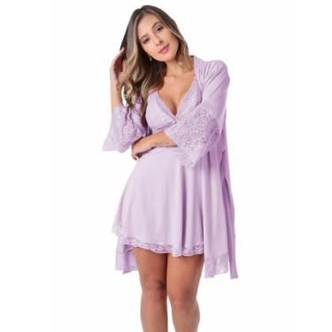 Imagem de Kit Robe Roupão de Banho + Camisola Com Renda Lingerie Luxo Conforto -