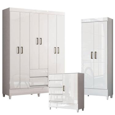Imagem de Guarda Roupa Casal 6 Portas Com Pés Com Cômoda 1 Porta 4 Gavetas E Armário Multiuso Fit Branco Brilho -santos Andirá