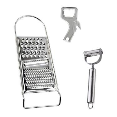Imagem de Kit 3 Em 1 Ralador 3 Cortes, Descascador 18 Cm E Abridor De Lata Aço Inox