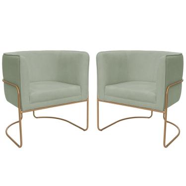 Imagem de Kit 02 Poltronas Decorativas Betina Base Aço Ouro Fosco Bouclé Verde Claro - Nexta Casa